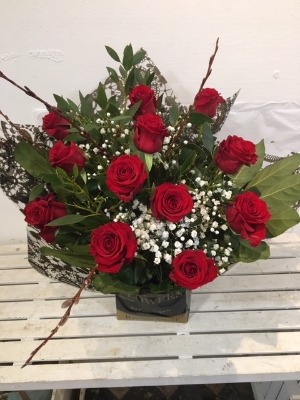 12 First Red Roses and Gypsophila